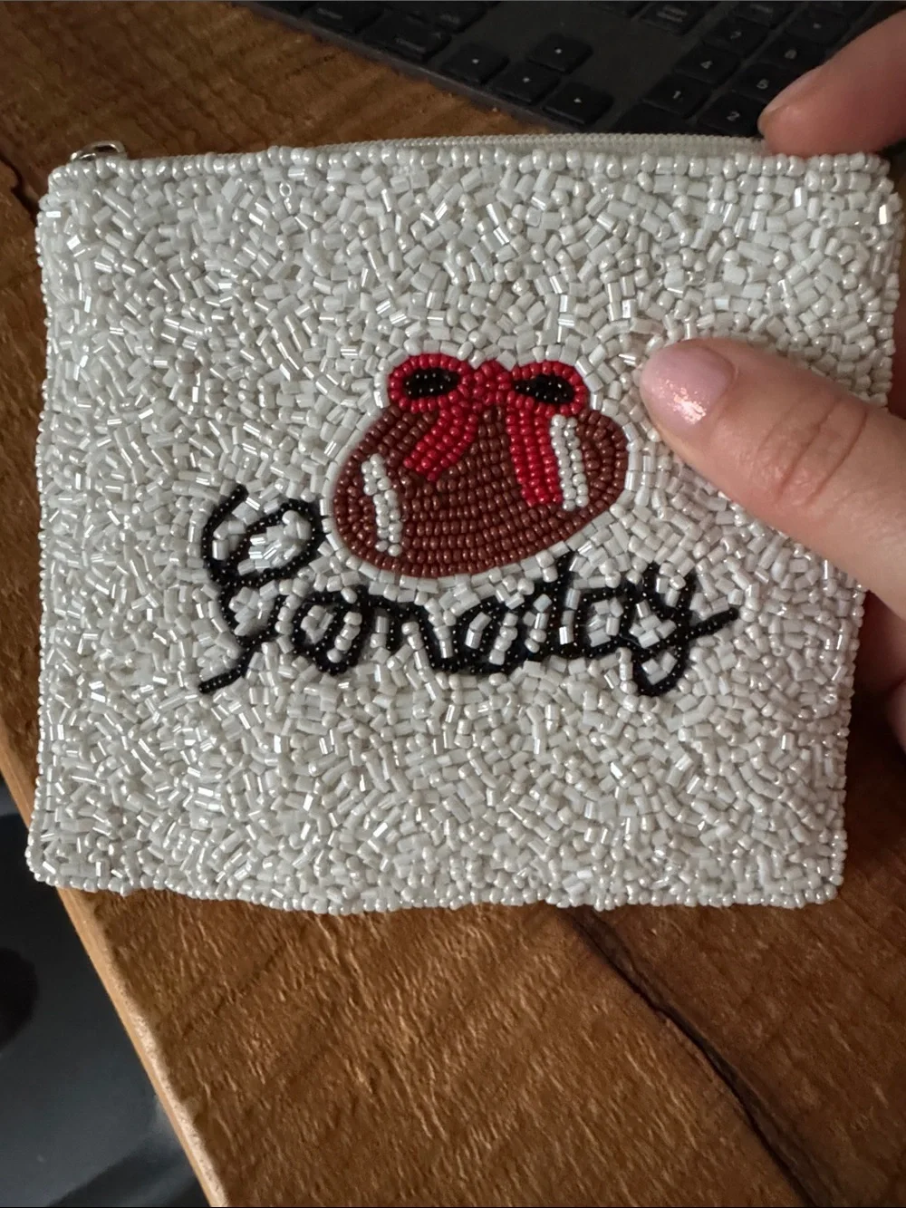Francesca's Collections White Beaded Wallet with Red & Brown Football